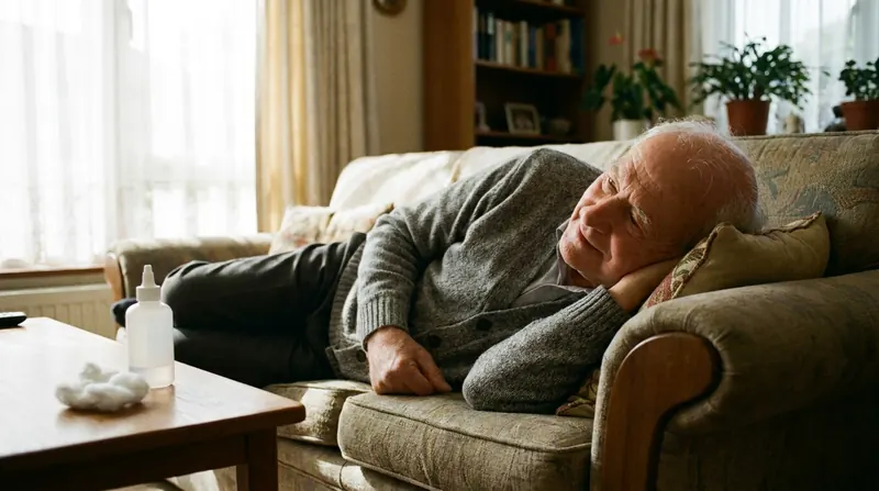 A man in his sixties lying relaxed on his side on a sofa with his head on a cushion, a small white squeeze bottle and a ball of cotton on the table in front of him