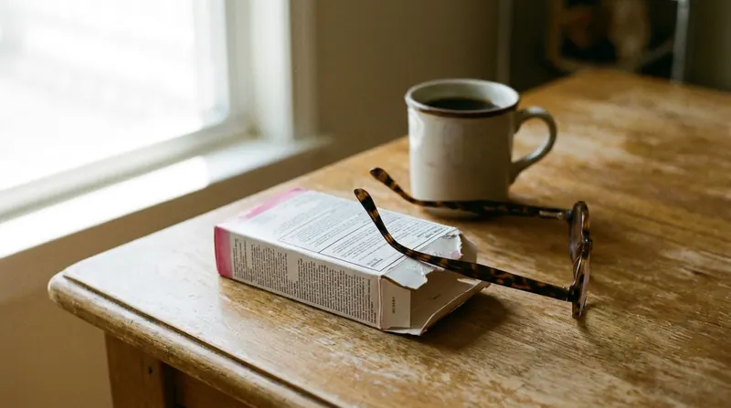A small white and pink box lying face down on a kitchen table with reading glasses resting on its back panel of small print