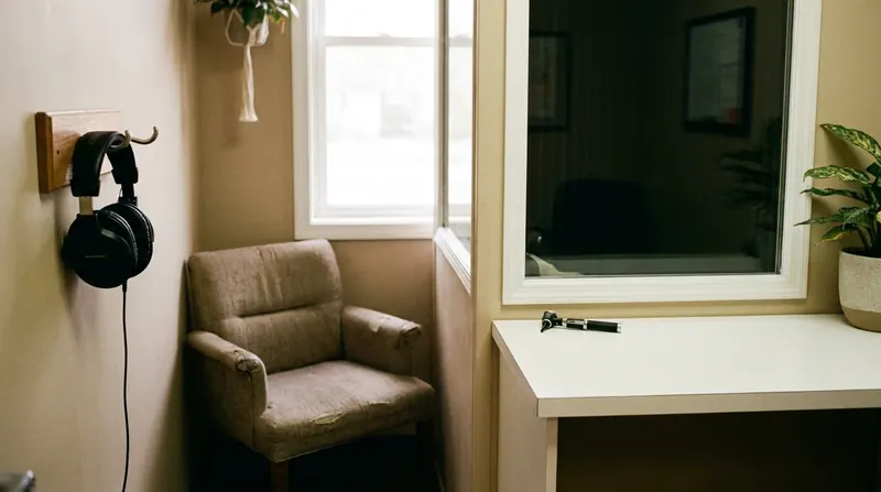 A bright audiology room with headphones hanging by the window of a sound booth and an otoscope on the counter