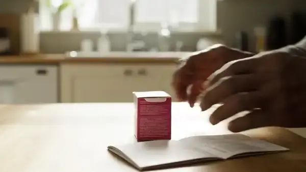 A man's hands sliding a small white squeeze bottle out of its box and standing it on a kitchen table beside a folded leaflet