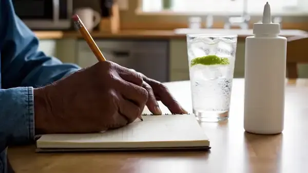 A man's hands writing a short pencil sum on a notepad beside a small white squeeze bottle and a glass of tonic water with lime