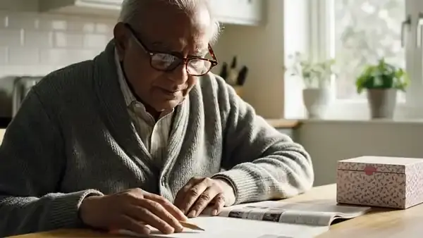 A man in his sixties reading a printed journal article at a kitchen table and writing two figures in the margin, a small white and pink box beside him