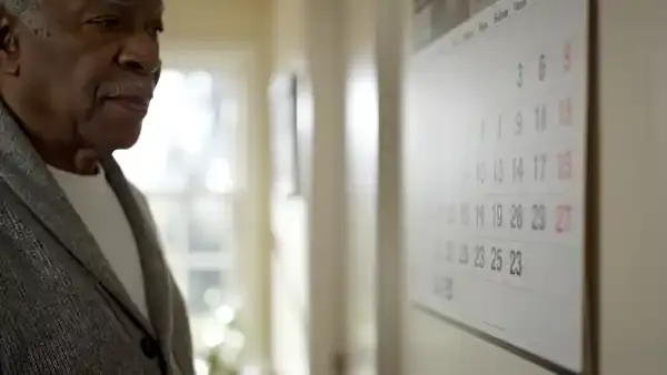 A man in his sixties circling a date on a wall calendar in a bright hallway