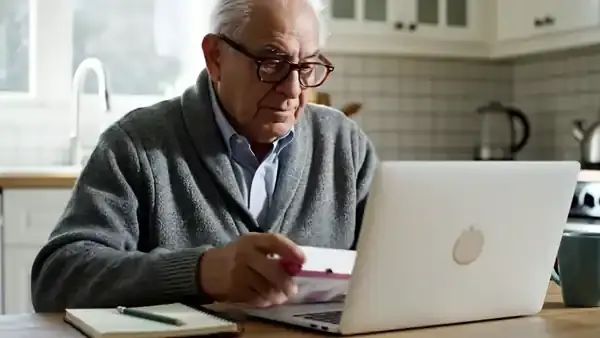 A man in his sixties looking from a laptop screen to a small white and pink box in his hand and making a note on a pad