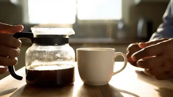 A man's hands pouring coffee from a glass pot into a plain white mug in a bright morning kitchen
