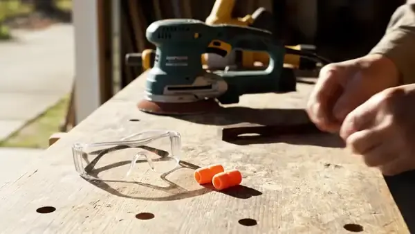 A man's hands at a garage workbench rolling an orange foam earplug between thumb and finger, a sander on the bench behind