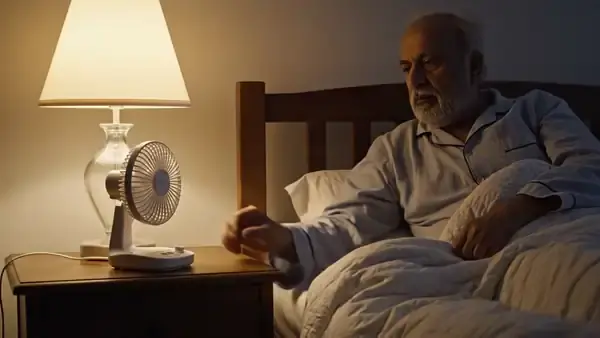 A man in his sixties switching on a small white fan on the nightstand in a dim bedroom and lying back on the pillow